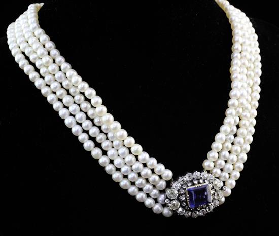 An early 20th century four strand cultured pearl choker necklace.